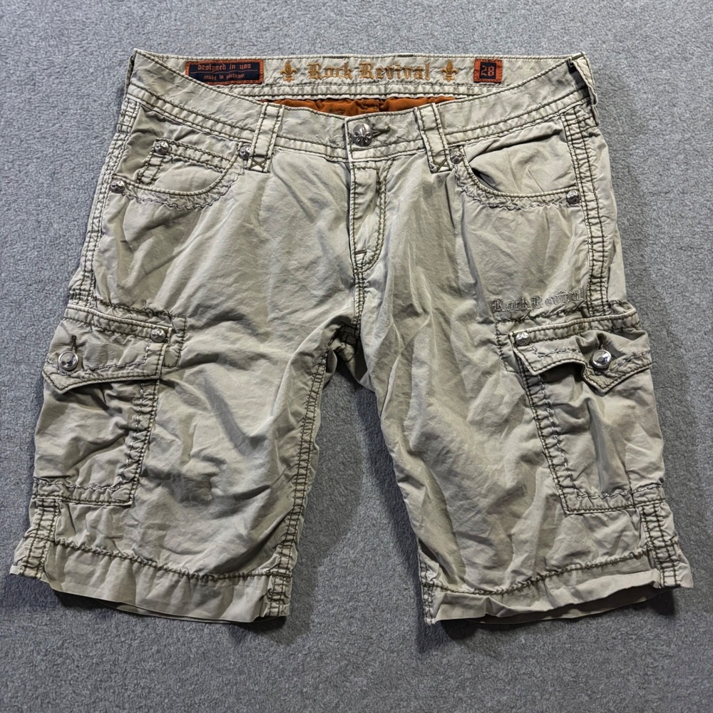 Rock Revival Cargo Shorts Mens 28 Khaki Tan Embroidered Y2K Moto Streetwear